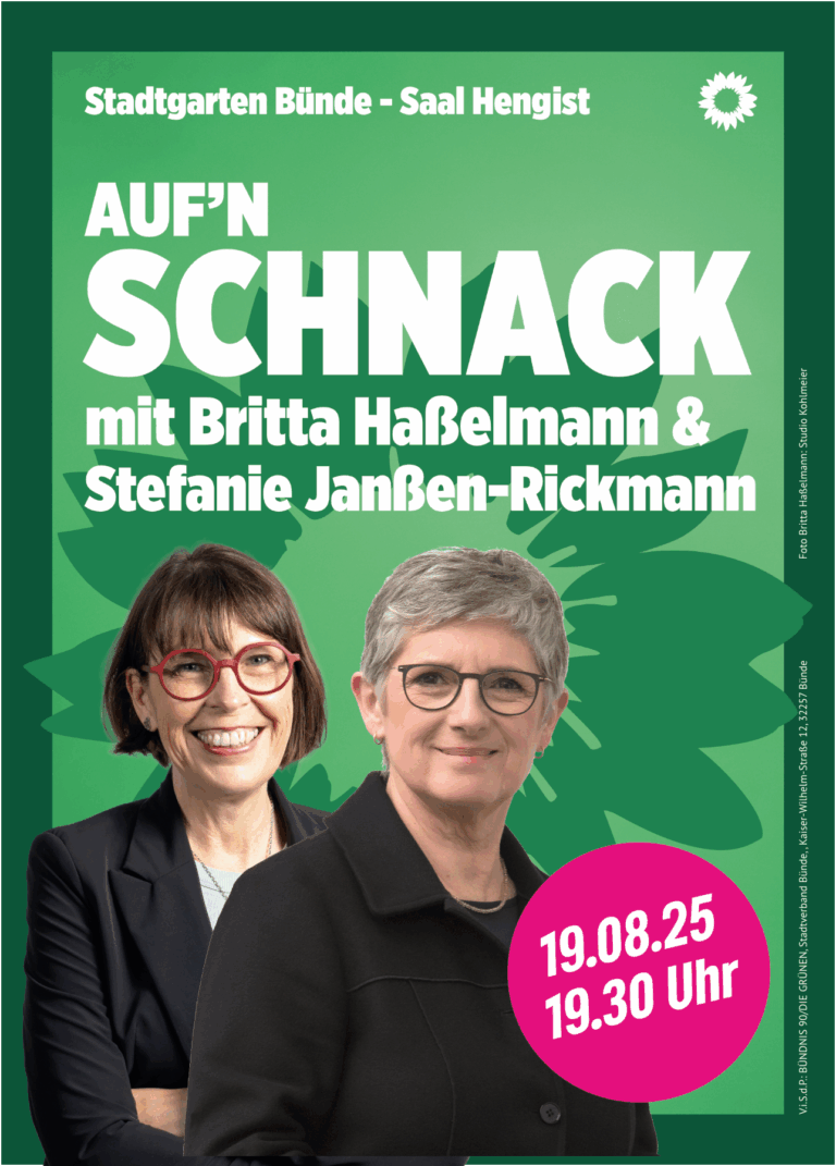 19. August: Auf’n Schnack mit Britta Haßelmann und Stefanie Janßen-Rickmann.