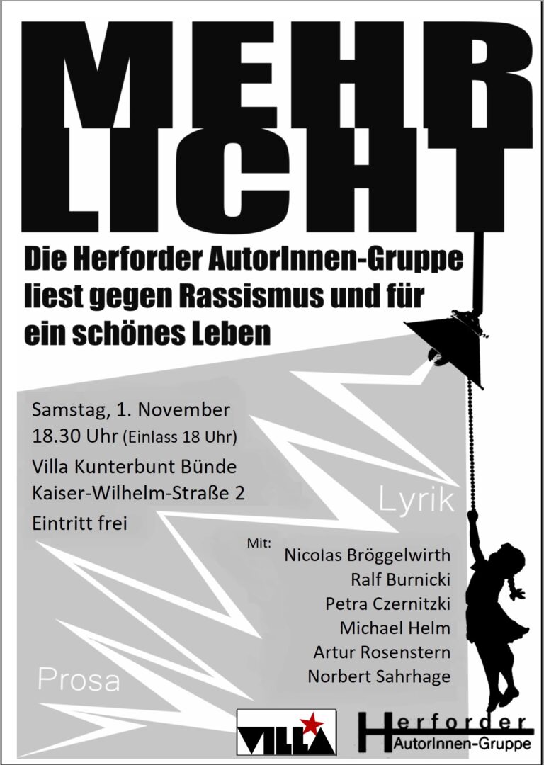 1. November: Lesung „Mehr Licht!“ – Literatur gegen Rassismus