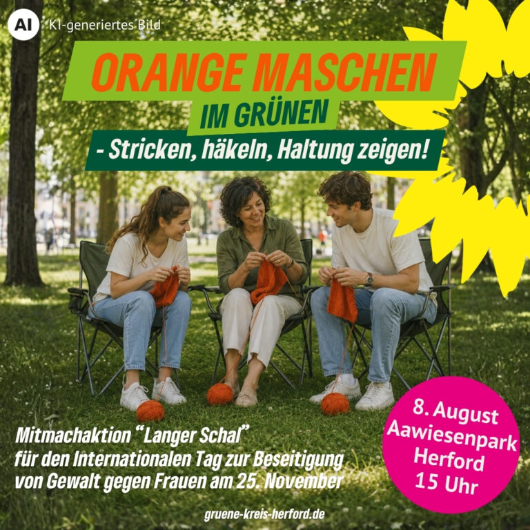 8. August: Orange Maschen im Grünen: Gemeinsam ein Zeichen gegen Gewalt an Frauen setzen