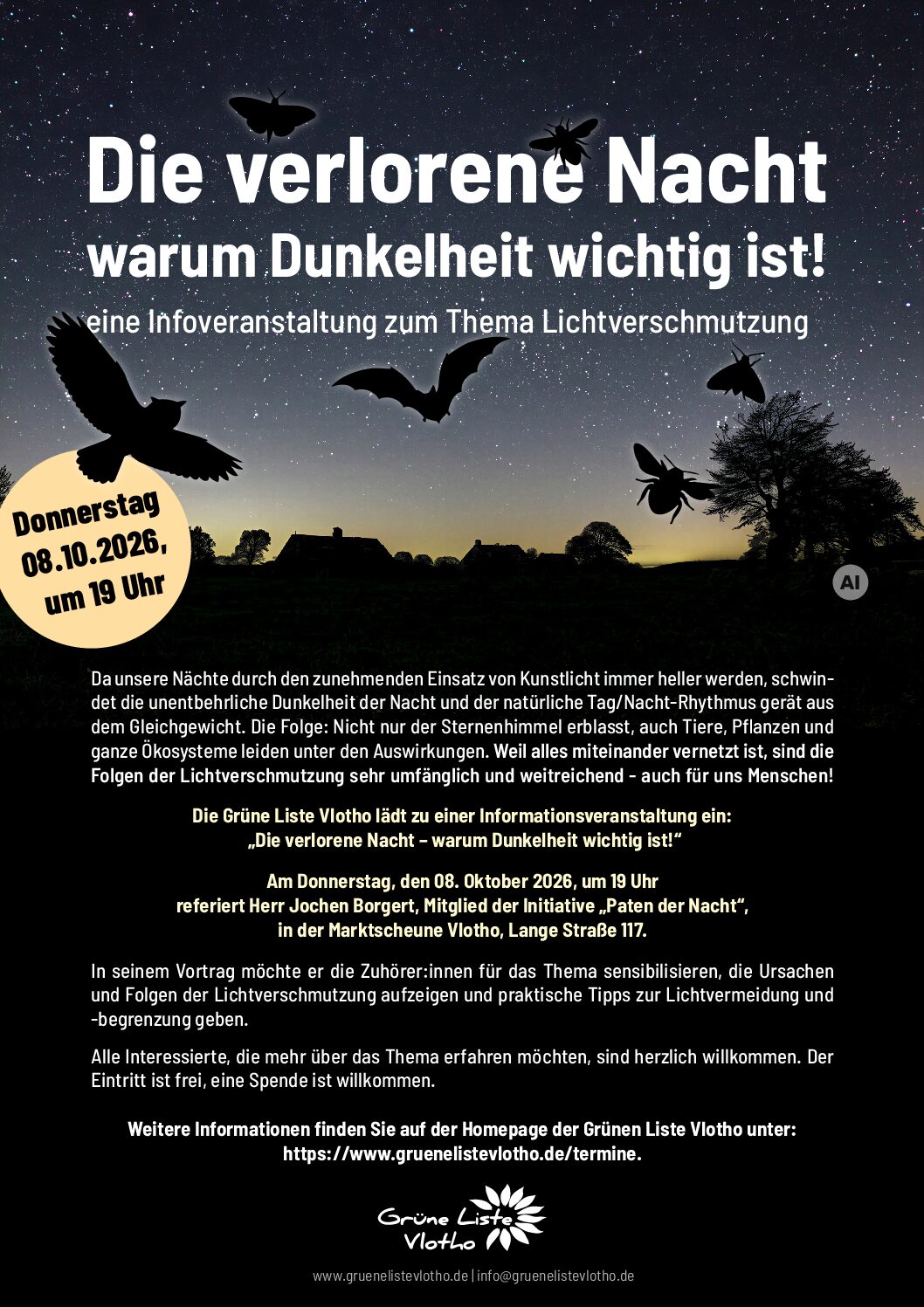 8.Oktober: Infoveranstaltung zum Thema Lichtverschmutzung mit dem Titel  „Die verlorene Nacht – warum Dunkelheit wichtig ist“ 